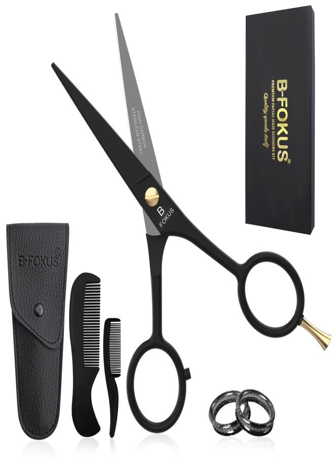 B-FOKUS 5" Premium Beard Mustache Scissors, Black High Carbon Stainless Steel Beard Scissors with 1 Beard Comb, 1 Mustache Comb, 2 Stickers and Tarvel Pouch. Beard Trimming Scissors for All Facial Hair - Image 1